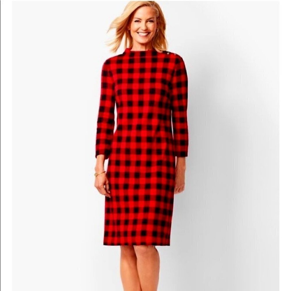 TALBOTS BUFFALO PLAID MOCK NECK KNIT COTTON SHIFT DRESS SZ MP